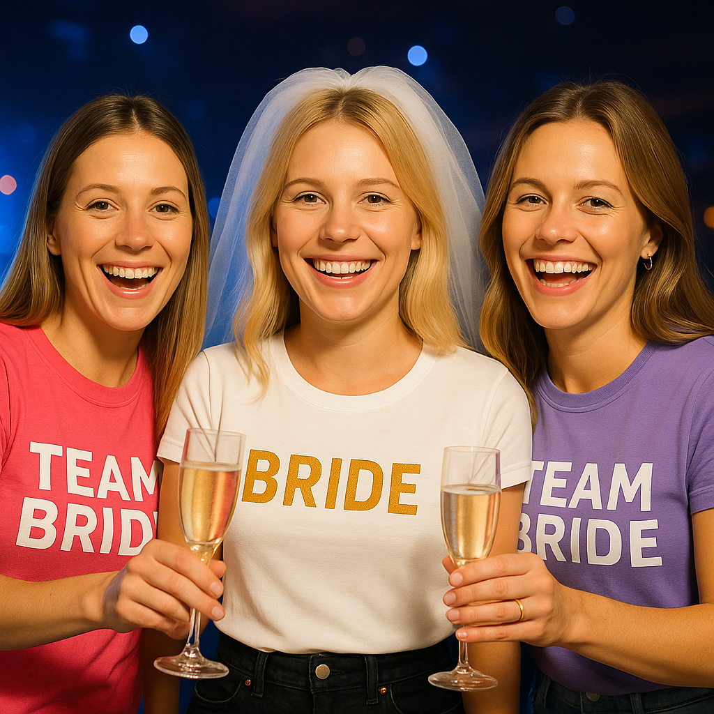 junggesellinnenabschied-bedrucktes-tshirt-flensburg Frauenrunde beim Junggesellinnenabschied: Sekt, Lachen und passende T-Shirts für das Team Braut.